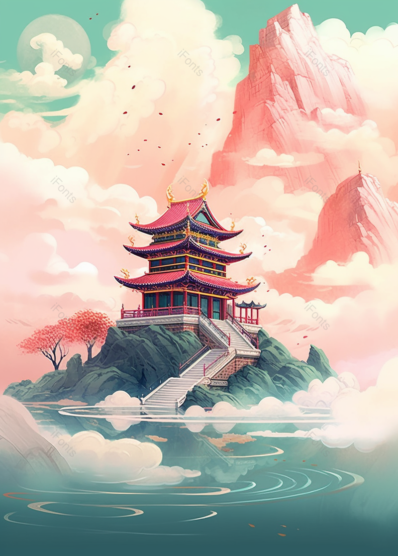 高山上的古房子建筑国风背景,插画/手绘图,插画/手绘图库,插画/手绘图下载,插画/手绘